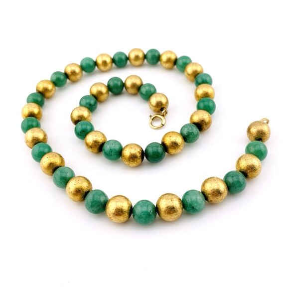 Binder Bros Nephrite Jade Gold Filled Bead Necklace 9MM Rounds 15.5" L 33.4 Grs - Picture 2 of 6